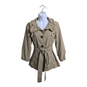 J.Crew Tan Trench Coat Button Front Drawstring Collared Neck 3/4 Sleeves Belt 2